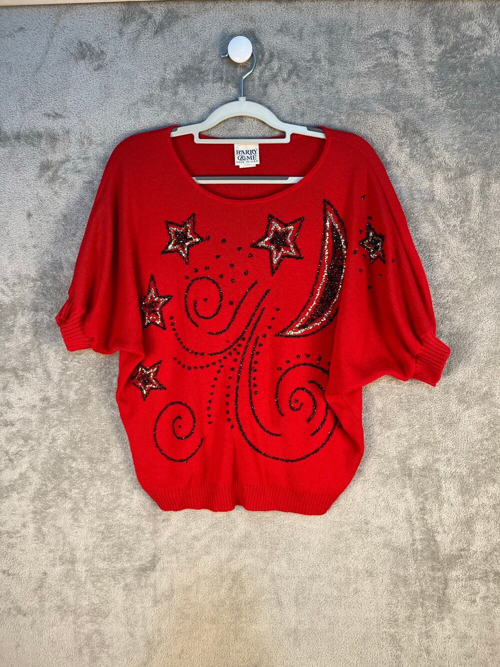 VTG Celestial Stars & Moon Sweater Red Large 80s Sequins Dolman Sleeve Cropped
